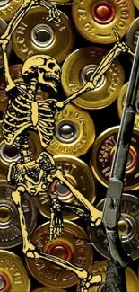 Skeleton dancing with bullets and gun in background.