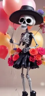 Skeleton with balloons and flowers in vibrant colors.