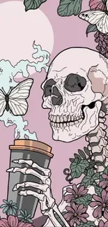 Artistic skeleton with butterfly and coffee cup theme.