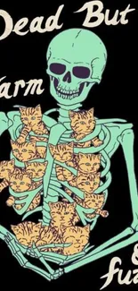 Mint green skeleton with orange cats on black background.