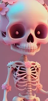 Cute skeleton with cherry blossoms on a pink background.
