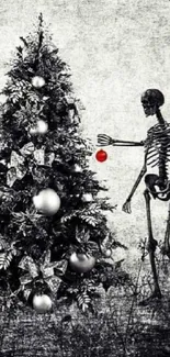 Skeleton decorating Christmas tree with ornaments in grayscale art.