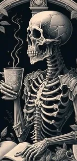 Skeleton holding coffee in gothic artwork, framed with ornate design.