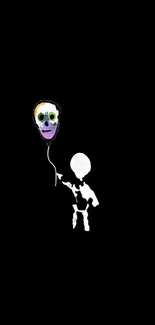 Skeleton with colorful balloon against black background in artistic style.