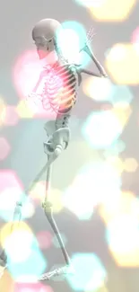 Skeleton with colorful bokeh glow on mobile wallpaper.