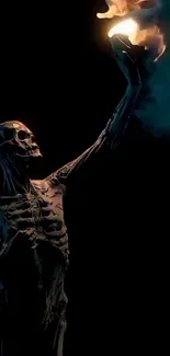 Skeleton holding fiery light against dark background.