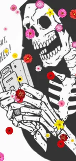 Skeleton with flowers on phone wallpaper, artistic and colorful design.