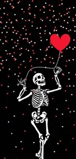 Skeleton with heart balloon surrounded by red hearts on black background.