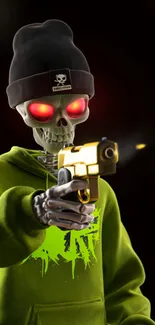 Skeleton in hoodie with neon eyes and gold gun wallpaper.