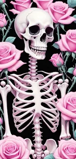 Skeleton with pink roses on dark background wallpaper.