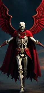 Skeleton with red wings in rocky landscape backdrop.