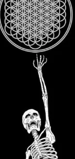 Skeleton reaching for sacred geometry on black background, mobile wallpaper.