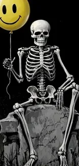 Skeleton holding a smiley balloon in dark setting.