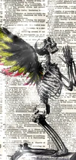 Praying skeleton with colorful wings on newspaper-style background.