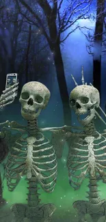 Two skeletons taking a selfie in a spooky, dark forest.