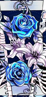 Skeletons and blue roses with gothic design on a phone wallpaper.