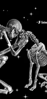 Skeletons embracing on a black background with text 'I love you.'