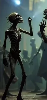 Dark fantasy skeleton art in shadows.