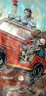 Skeletons ride a Jeep through a skull-filled desert landscape.