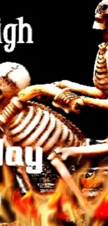 Skeletons dancing amid fiery flames, creating a dynamic dark theme wallpaper.