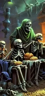 Fantasy art featuring skeletons in a mystical gathering setting.