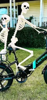 Skeletons riding electric bikes in front of a house, creating a whimsical scene.