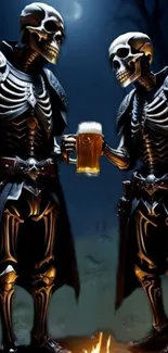 Skeletons in armor clinking beer mugs under a moonlit night.