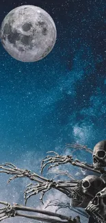 Skeleton hands reaching toward a full moon in a star-filled night sky wallpaper.