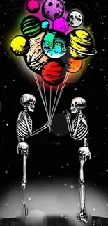 Skeletons holding planet-shaped balloons against starry night backdrop.