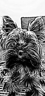 Monochrome sketch art of a small dog on a textured surface.