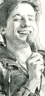 Sketch of a smiling person holding a microphone.