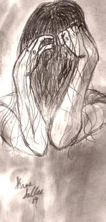 Monochrome sketch of a woman with covered face, conveying emotion.