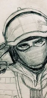 Black and white sketch of a soldier with helmet and tactical gear.