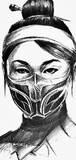 Black and white sketch of a ninja wearing a mask, detailed drawing.