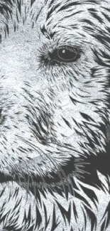 Black and white sketch of a dog's face in detail.