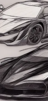 Sketch of two sleek sports cars in black and white.