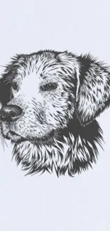 Sketch style dog image in black and white on a light gray background.