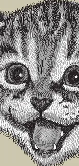 Detailed black and white sketch of a cat's face on beige background.