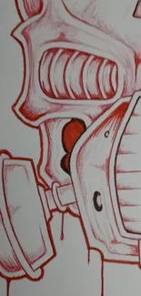 Red and white sketch of a skull wearing a gas mask.