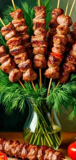 Skewers in vase with fresh herbs and tomatoes.