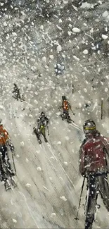 Winter skiing scene with falling snow and skiers.