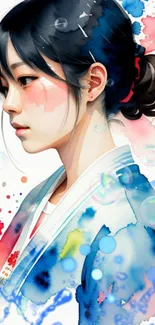 A watercolor art portrait of a girl in traditional attire.