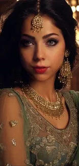 Elegant woman in traditional green attire and jewelry.