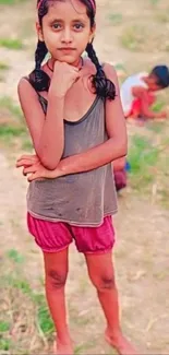 A young girl stands thoughtfully in nature on a sunny day.