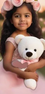 Girl with teddy bear and floral crown in a pink dress.