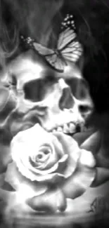 Skull with a rose and butterfly on black background.