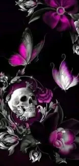 Gothic wallpaper with skull, purple flowers, and butterflies.