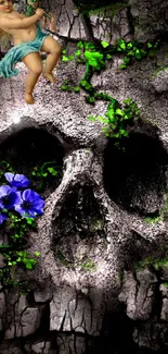 Skull with green vines and angel on stone background.