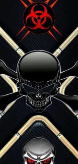 Dark skull and biohazard symbol on wallpaper.