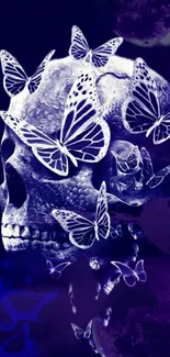 Abstract skull with butterflies in blue and purple tones.